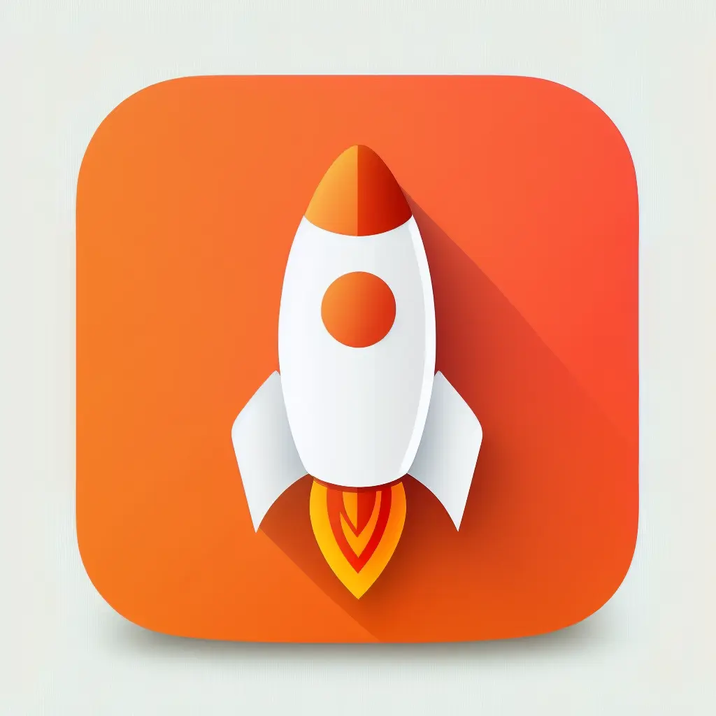 squared with round edges mobile app logo design, flat vector app icon of a rocket, minimalistic, white background